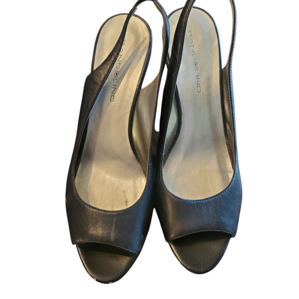Bandolino peep toe sling back black wedge heel
